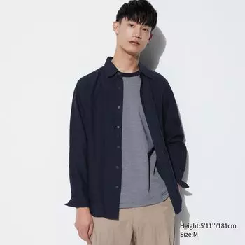 Рубашка из 100% льна премиум-класса UNIQLO, темно-синий