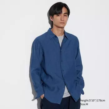 Рубашка из 100% льна премиум-класса UNIQLO, синий