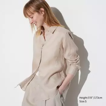 Рубашка из 100% льна премиум-класса UNIQLO, бежевый