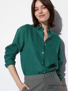 Рубашка из 100% льна премиум-класса Uniqlo, цвет 55 зеленый