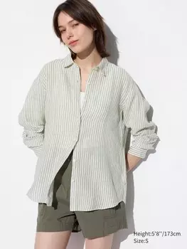 Рубашка из 100% льна премиум-класса в полоску Uniqlo, цвет 51 зеленый