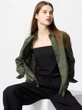 Рубашка из 100% льна премиум-класса Uniqlo, цвет 55 зеленый