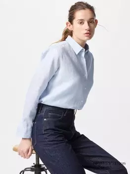 Рубашка из 100% льна премиум-класса Uniqlo, цвет 60 синий