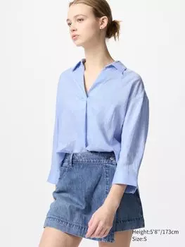 Рубашка из 100% льна премиум-класса с воротником-стойкой рукав 3/4 Uniqlo, цвет 62 синий