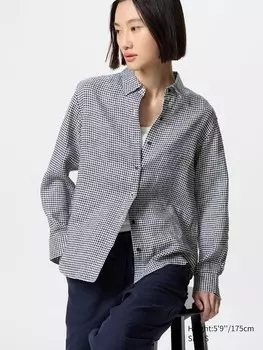 Рубашка из 100% льна премиум-класса в клетку Uniqlo, цвет 69 синий