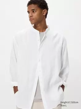 Рубашка из 100% льна премиум-класса воротник-стойка Uniqlo, цвет 00 белый