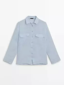 Рубашка из 100% льна с карманами Massimo Dutti, голубой