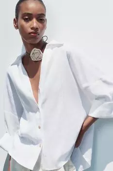 Рубашка из 100% льна с полными рукавами ZARA, белый