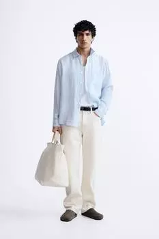 Рубашка из 100% льна ZARA, синий/белый