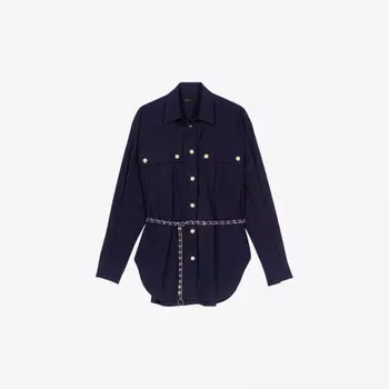 Рубашка из эластичного хлопка с длинными рукавами и поясом на талии Maje, синий