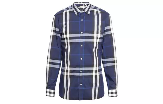 Рубашка из эластичного хлопкового поплина темно-синяя белая Burberry, темно-синий
