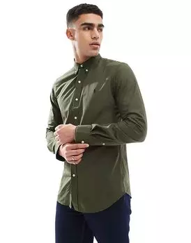 Рубашка из эластичного поплина с логотипом icon slim fit темно-зеленого цвета Polo Ralph Lauren