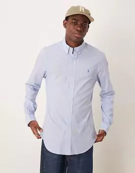 Рубашка из эластичного поплина с принтом «гусиная лапка» Polo Ralph Lauren, облегающая, светло-голубого цвета