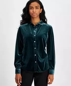 Рубашка из эластичного велюра Petite AK Anne Klein, зеленый