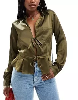 Рубашка из атласа цвета хаки с завязками спереди от ASOS Design