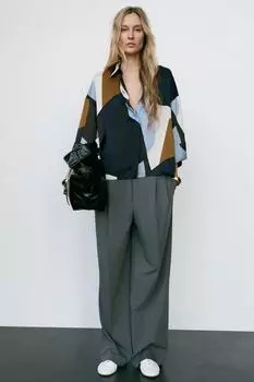 Рубашка из атласа с принтом ZARA, черный/экрю