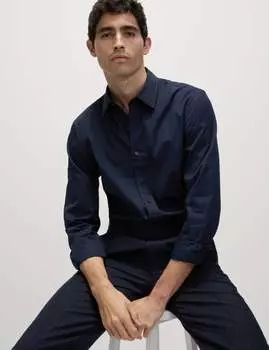 Рубашка из чистого хлопка, которую легко гладить Marks & Spencer, темно-синий