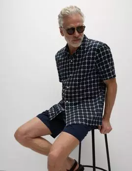 Рубашка из чистого хлопка с геометрическим принтом и кубинским воротником Marks & Spencer, темно-синий