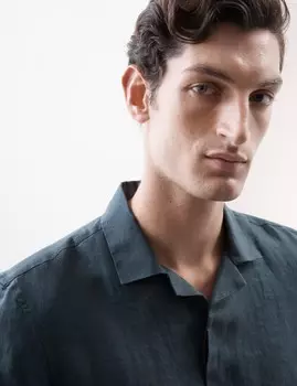 Рубашка из чистого льна с узором ёлочка и кубинским воротником Autograph, синий