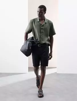 Рубашка из чистого льна с узором ёлочка и кубинским воротником Autograph, зеленый