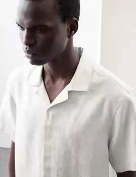 Рубашка из чистого льна с узором ёлочка и кубинским воротником Autograph, экрю