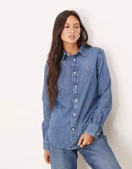 Рубашка из денима Polo Ralph Lauren свободного кроя с заниженным подолом, средне-синего цвета