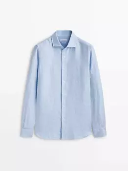 Рубашка из фактурного льна-оксфорда стандартного кроя Massimo Dutti, голубое небо