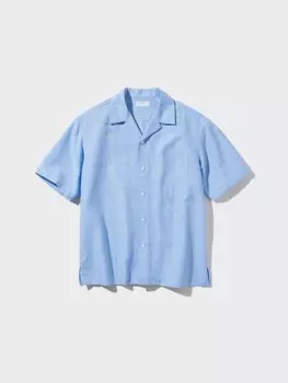 Рубашка из хлопчатобумажной льняной смеси короткий рукав, открытый воротник Uniqlo, синий