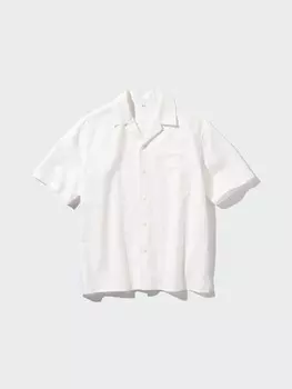 Рубашка из хлопчатобумажной льняной смеси короткий рукав, открытый воротник Uniqlo, белый