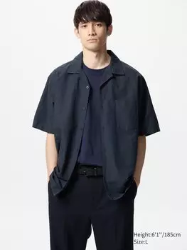Рубашка из хлопка и льна с коротким рукавом Uniqlo, цвет 69 синий