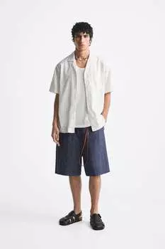 Рубашка из хлопка и льна в полоску ZARA, экру