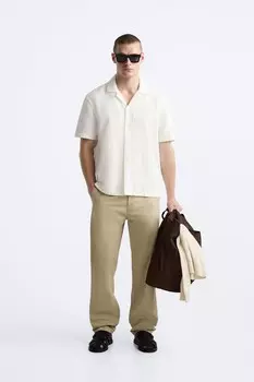 Рубашка из хлопка и льна ZARA, светло-бежевый