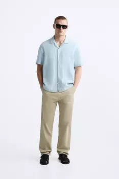 Рубашка из хлопка и льна ZARA, светло-голубой