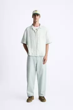 Рубашка из хлопка и льна ZARA, светло-голубой