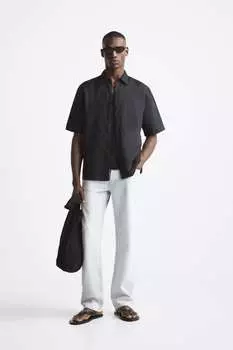 Рубашка из хлопка и льна ZARA, черный