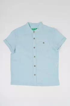 Рубашка из хлопка, льна и с короткими рукавами United Colors Of Benetton, синий