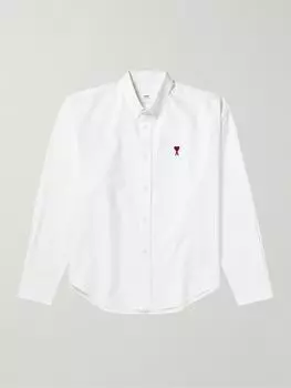 Рубашка из хлопка Оксфорд с застежкой на пуговицы и вышитым логотипом AMI PARIS, белый