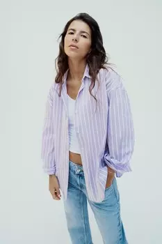 Рубашка из хлопка оксфорд ZARA, сиреневый/белый