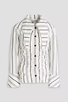 Рубашка из хлопкового поплина в полоску со сборками GANNI, белый