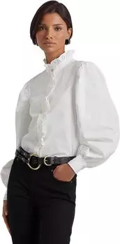 Рубашка из хлопкового сукна Petite с оборками LAUREN Ralph Lauren, белый