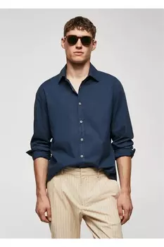 Рубашка из хлопковой вуали обычного кроя Mango, темно-синий