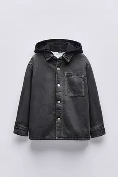 Рубашка из искусственной овчины из денима с капюшоном ZARA, средне-серый