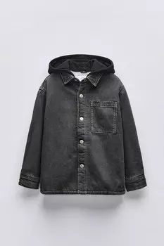 Рубашка из искусственной овчины из денима с капюшоном ZARA, средне-серый