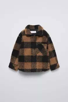 Рубашка из искусственной овчины в клетку ZARA, чёрный/коричневый