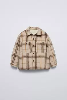Рубашка из искусственной овчины в клетку ZARA, экрю/бежевый