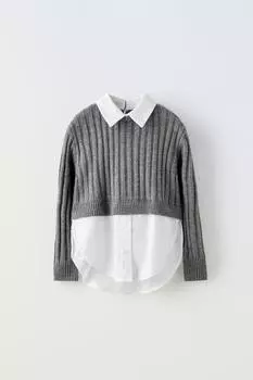 Рубашка из контрастного трикотажа поплин ZARA, серый