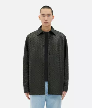 Рубашка из кожи Intrecciato с эффектом свободного покроя Bottega Veneta, зеленый