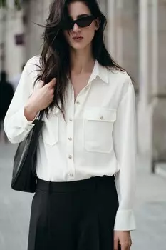 Рубашка из крепа с аппликациями на плечах ZARA, экрю