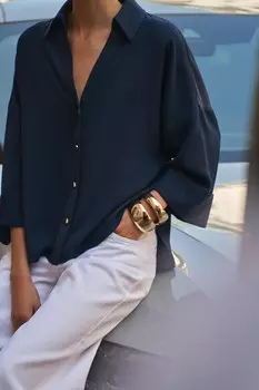 Рубашка из крепа с отворотными рукавами ZARA, темно-синий