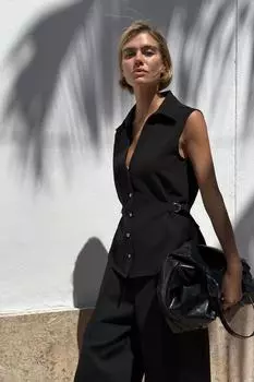 Рубашка из крепа с поясом ZARA, черный